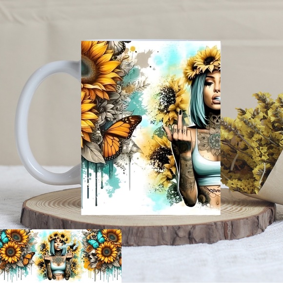 Handmade Sunflowers And Tattoos Coffee Mug | New 15oz Sublimated Coffee Mug - Picture 3 of 5